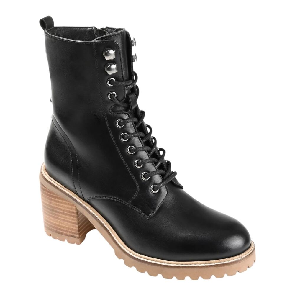 Journee Women's Malle Leather Lug Sole High Heel Combat Boots Black Size 9